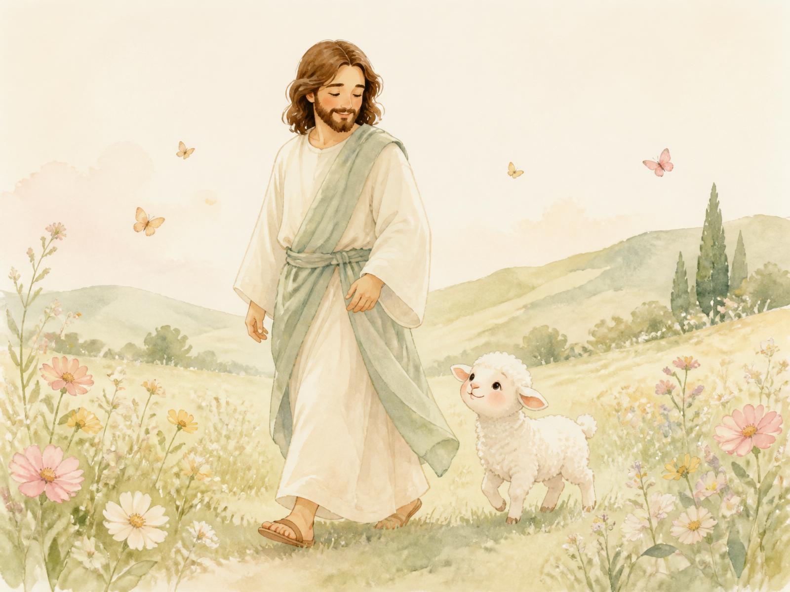 Watercolor illustration of a kind, kid-friendly Jesus walking through a wildflower meadow with a small lamb