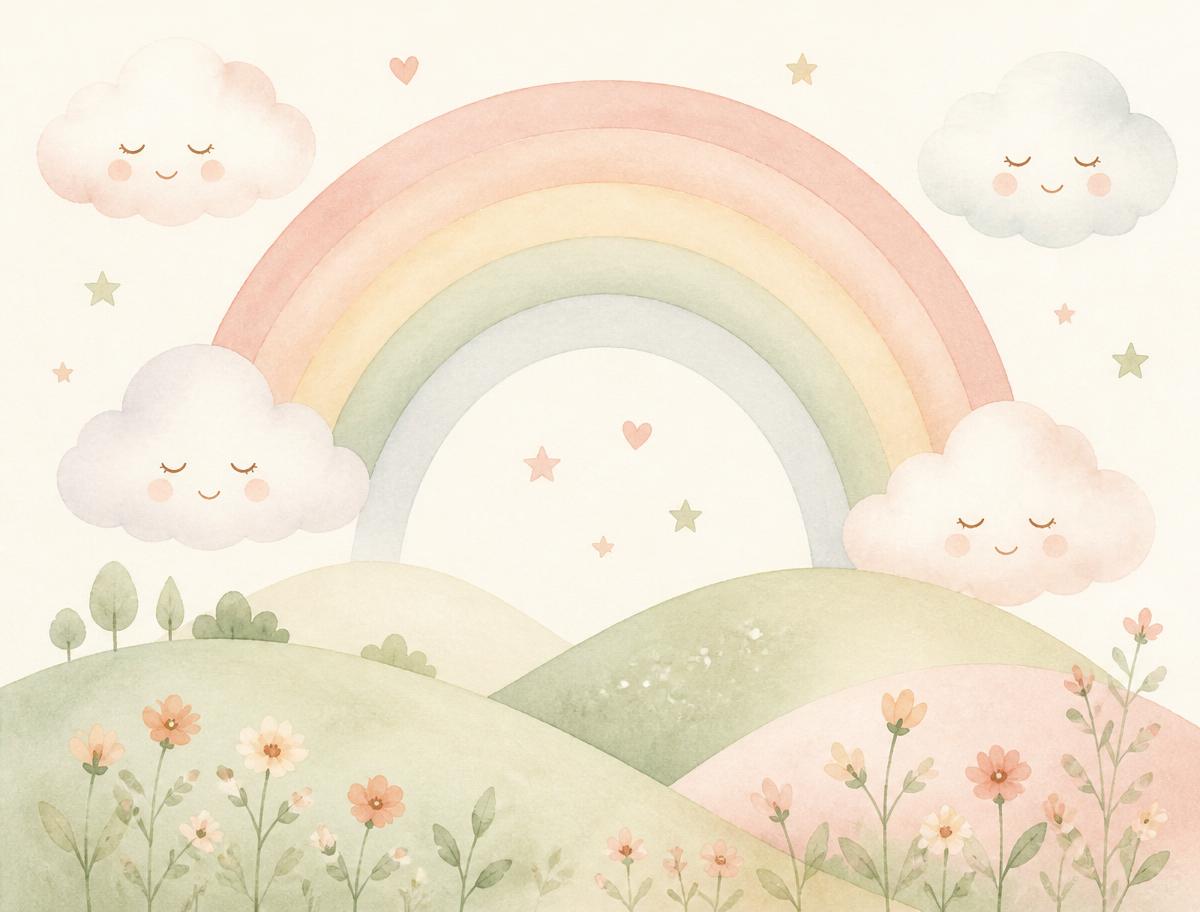 Watercolor rainbow over rolling hills with wildflowers